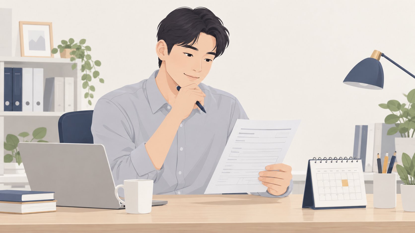 사무실 책상에서 한 사람이 경조사 휴가 신청 서류와 탁상 달력을 나란히 놓고 일정을 확인하는 모습