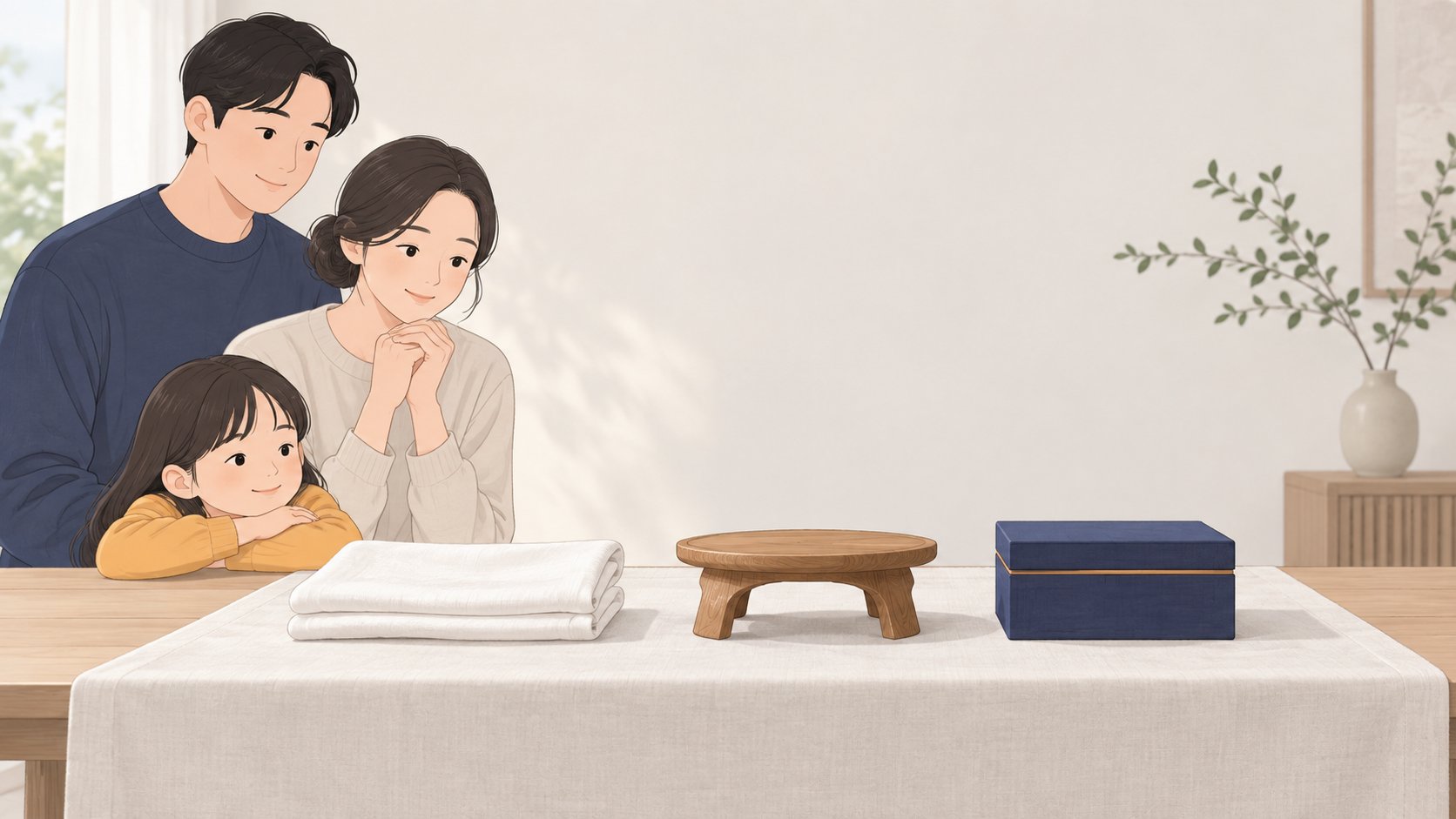 탁자 위에 곱게 접은 흰 천과 작은 나무 받침, 닫힌 상자가 나란히 놓여 있는 모습