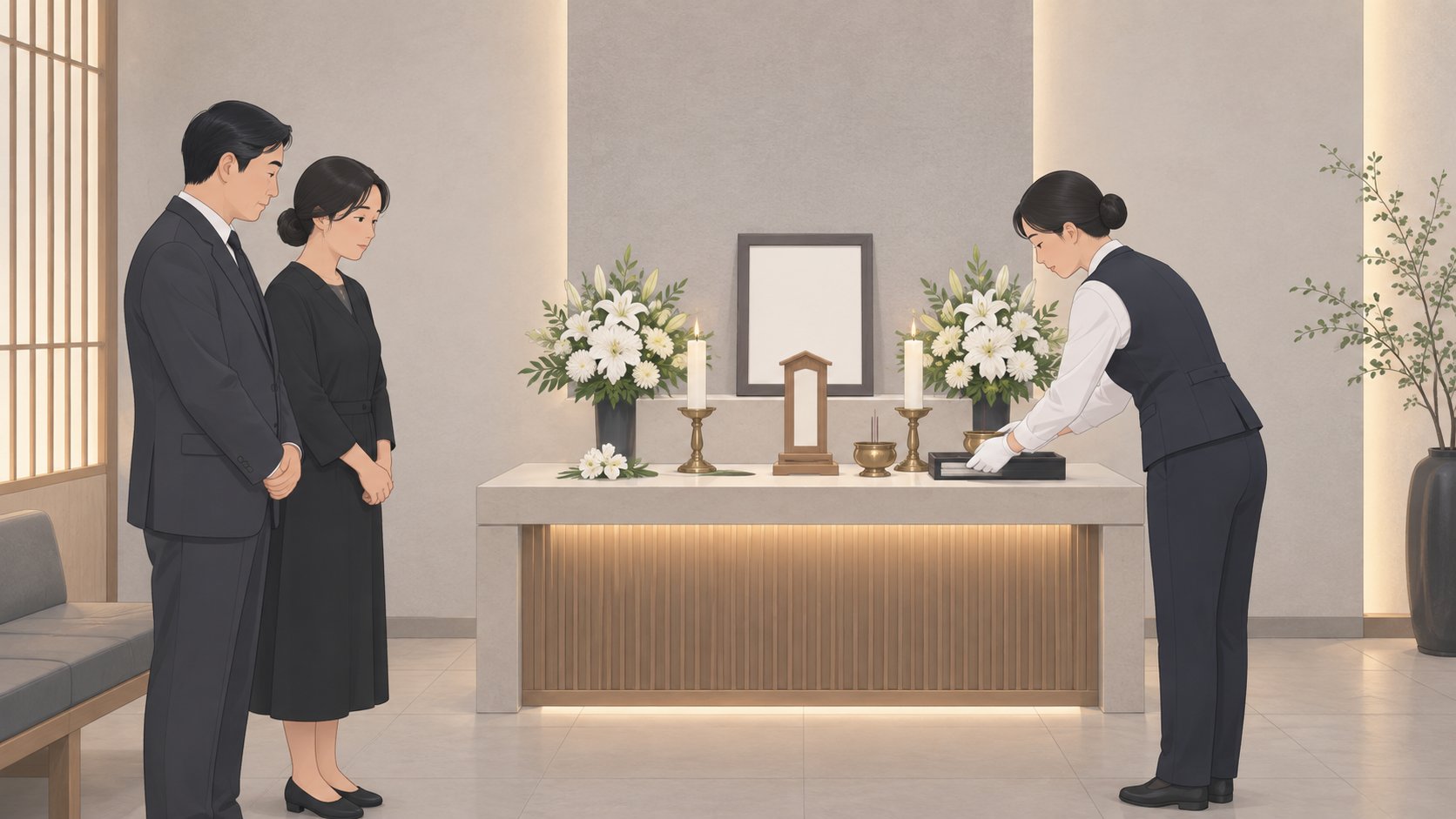 장례식장 직원이 단정한 빈소 제단을 정돈하고 가족 두 사람이 옆에서 조용히 지켜보는 모습
