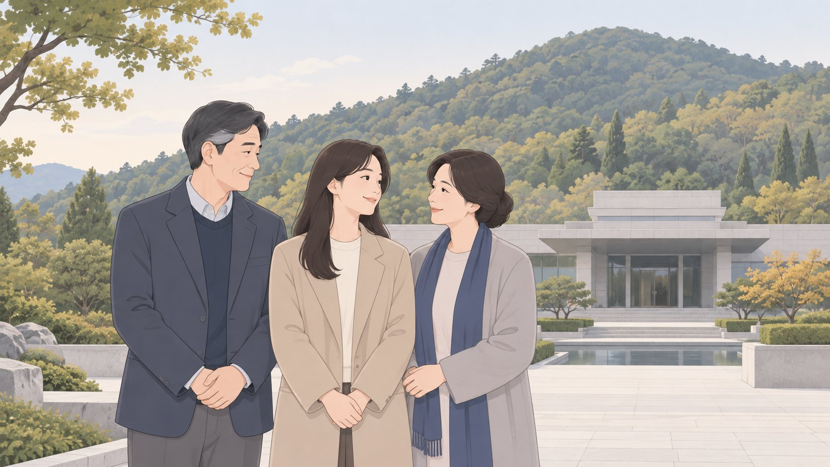 산자락 추모공원 건물 앞에서 가족 세 사람이 나란히 서서 조용히 인사를 나누는 모습