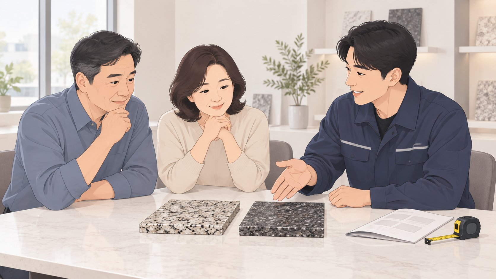 상담 테이블에 놓인 두 가지 화강암 견본을 두고 업체 담당자가 부부에게 설명하는 모습