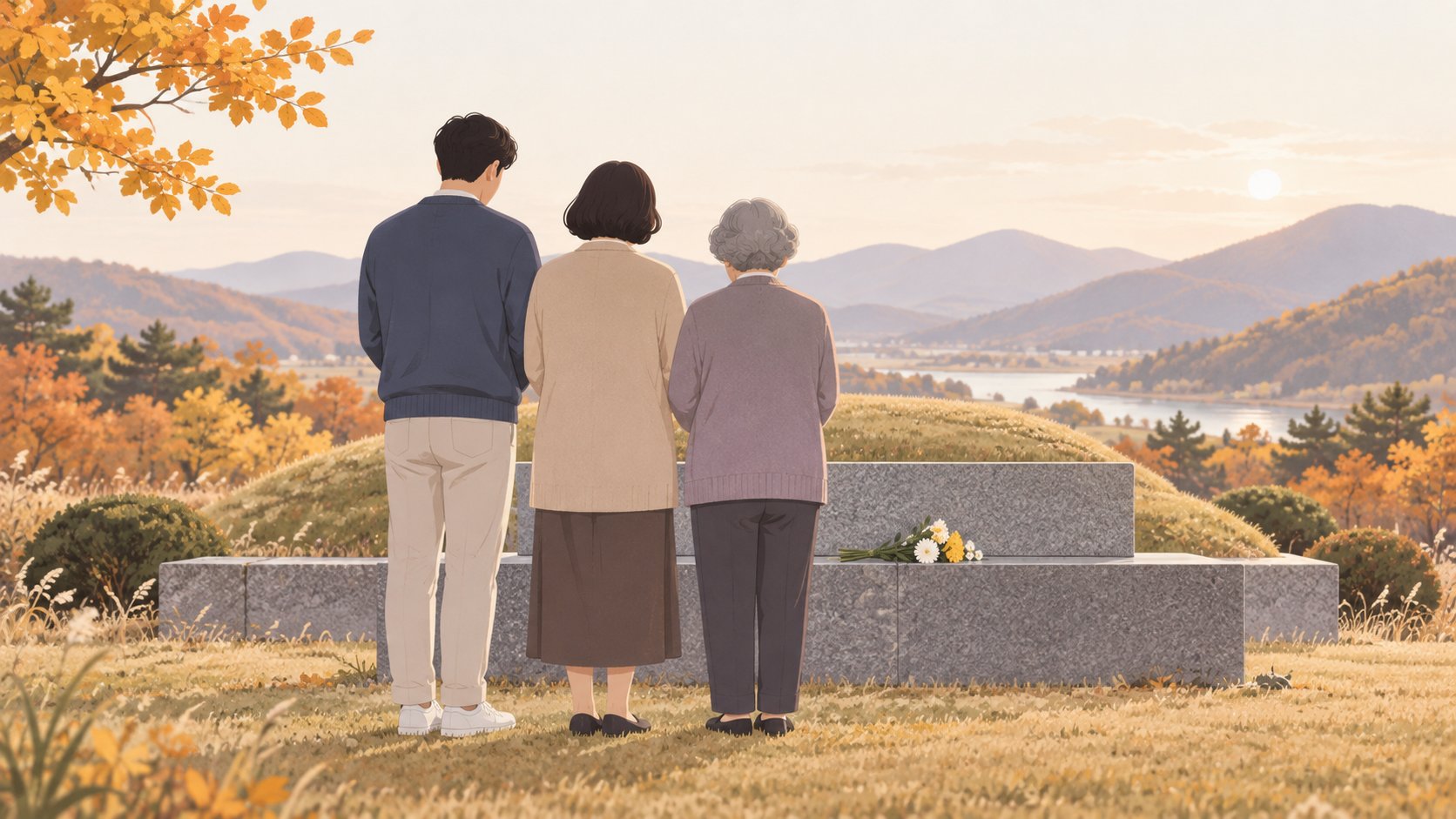 가을빛 언덕의 낮은 돌 봉안묘 앞에 가족 세 사람이 나란히 서 있는 뒷모습