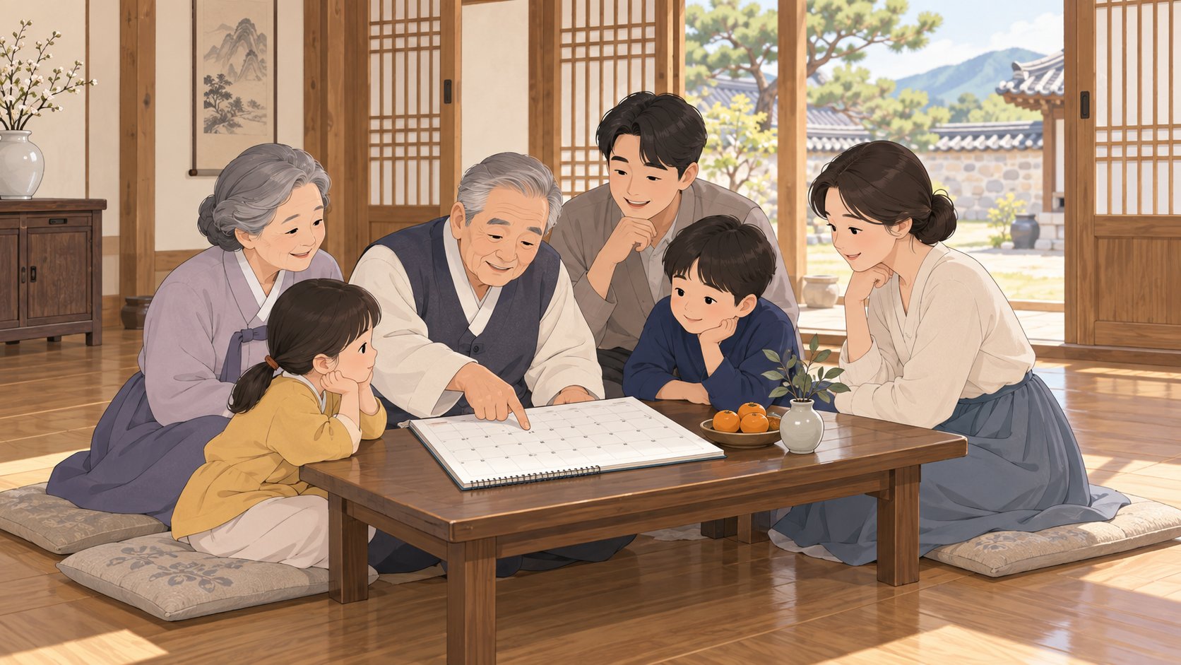 전통 가옥 마루에서 여러 세대 가족이 달력을 펴 놓고 날짜를 의논하는 모습