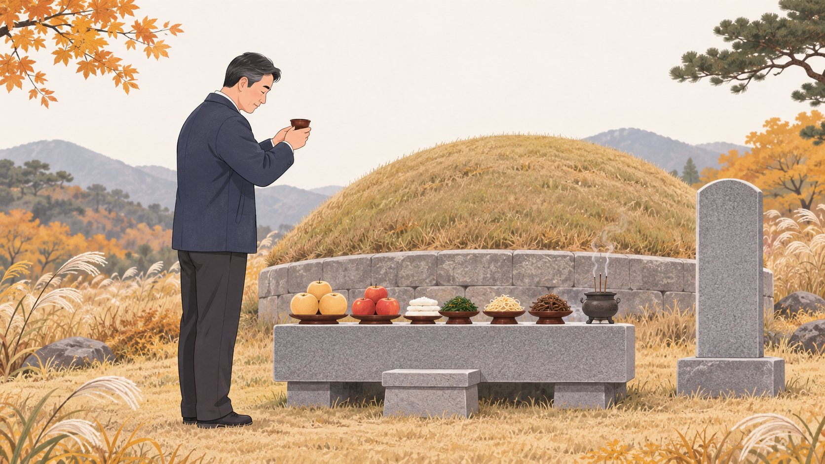 산소 앞 상석에 제수를 차려 놓고 중년 남성이 두 손으로 잔을 올리는 모습