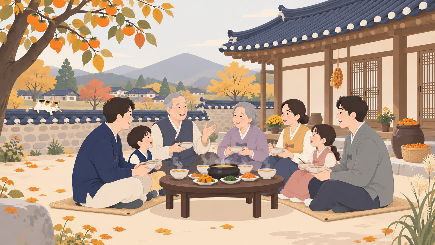 기와집 앞마당에 둘러앉은 가족이 따뜻한 국을 나누며 이야기하는 모습
