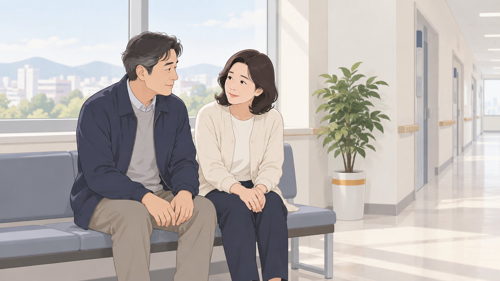 병원 복도 창가 의자에 중년 남매가 나란히 앉아 조용히 이야기하는 모습
