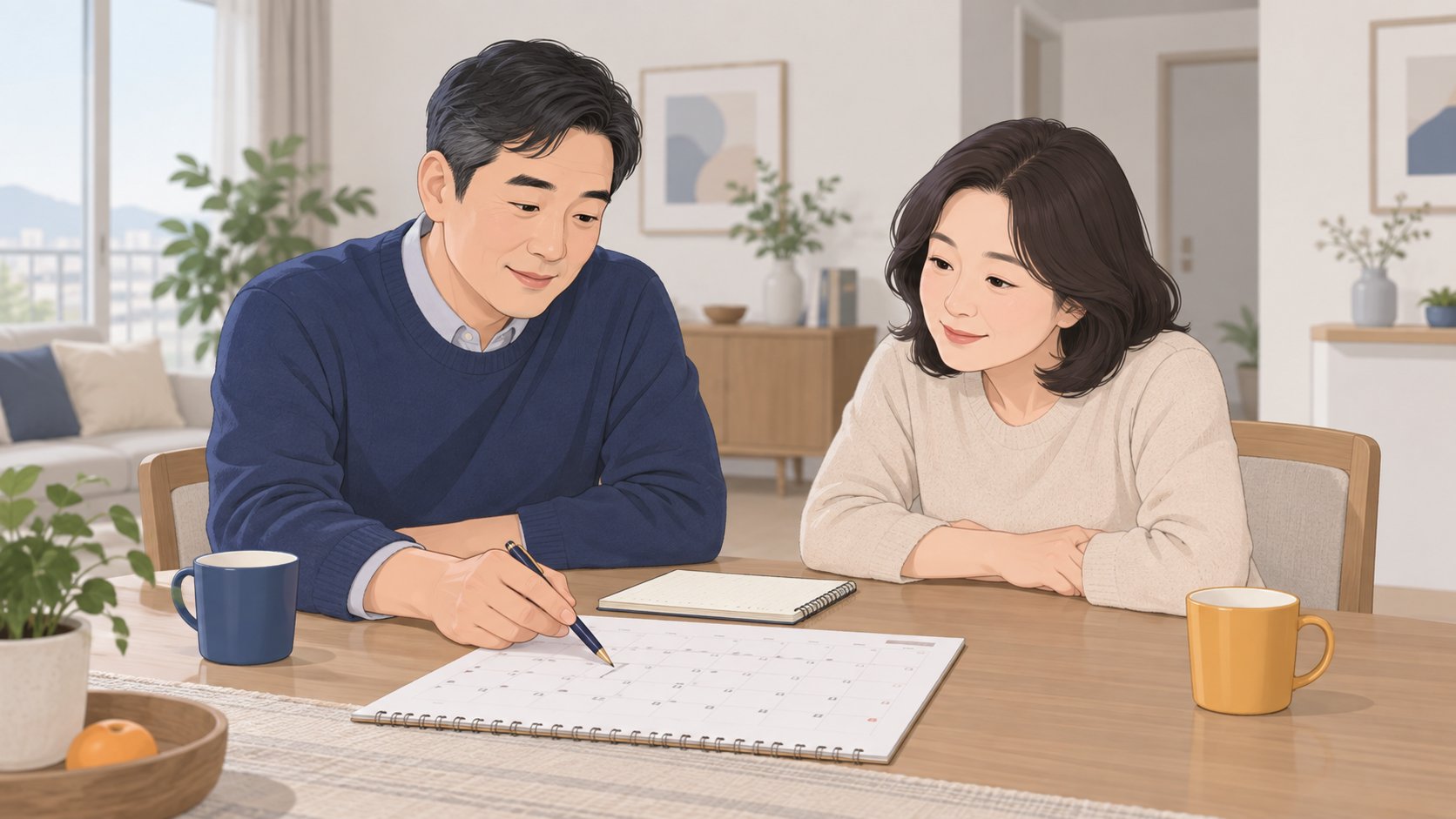 중년 남매가 식탁에 달력을 펴 놓고 제사 일정을 의논하는 모습