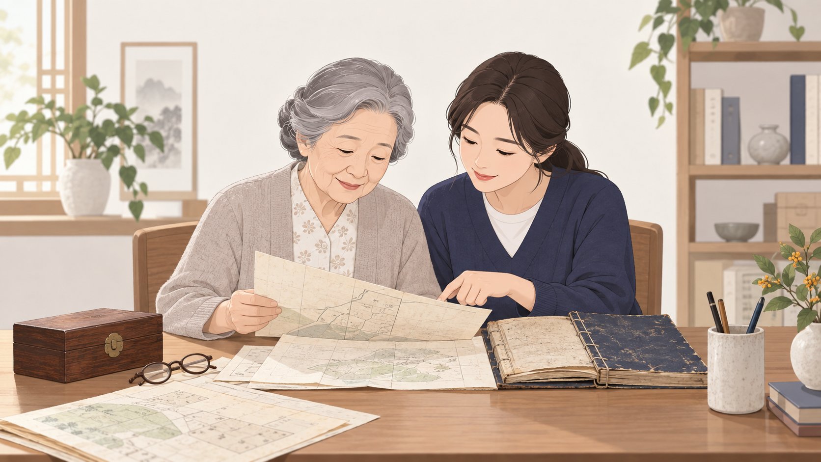 노년 어머니와 성인 딸이 책상에서 토지 서류와 족보를 함께 살펴보는 모습