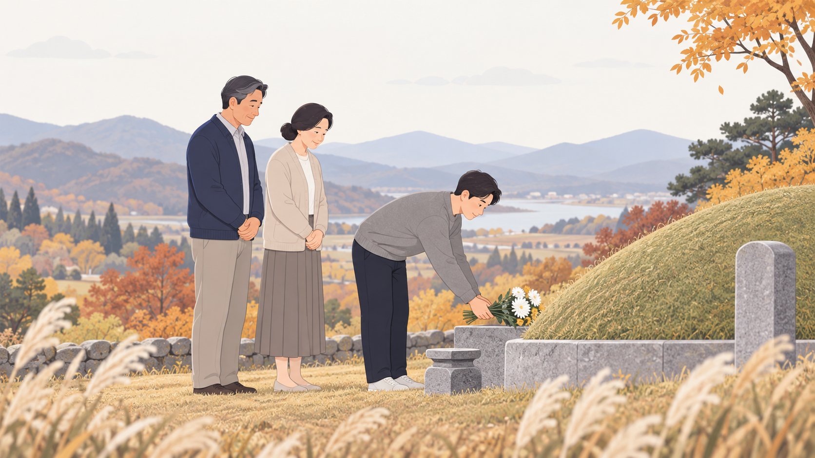 가을 산자락 잔디 봉분 앞에 선 가족이 작은 꽃다발을 놓는 모습