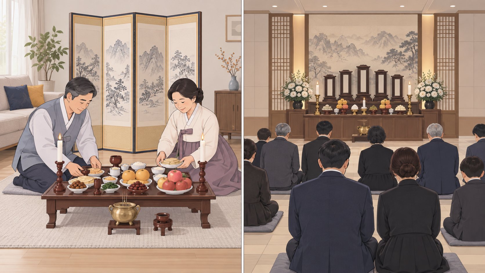 왼쪽은 집에서 상을 차리는 부부, 오른쪽은 추모관에 함께 앉은 가족들을 나란히 비교한 그림