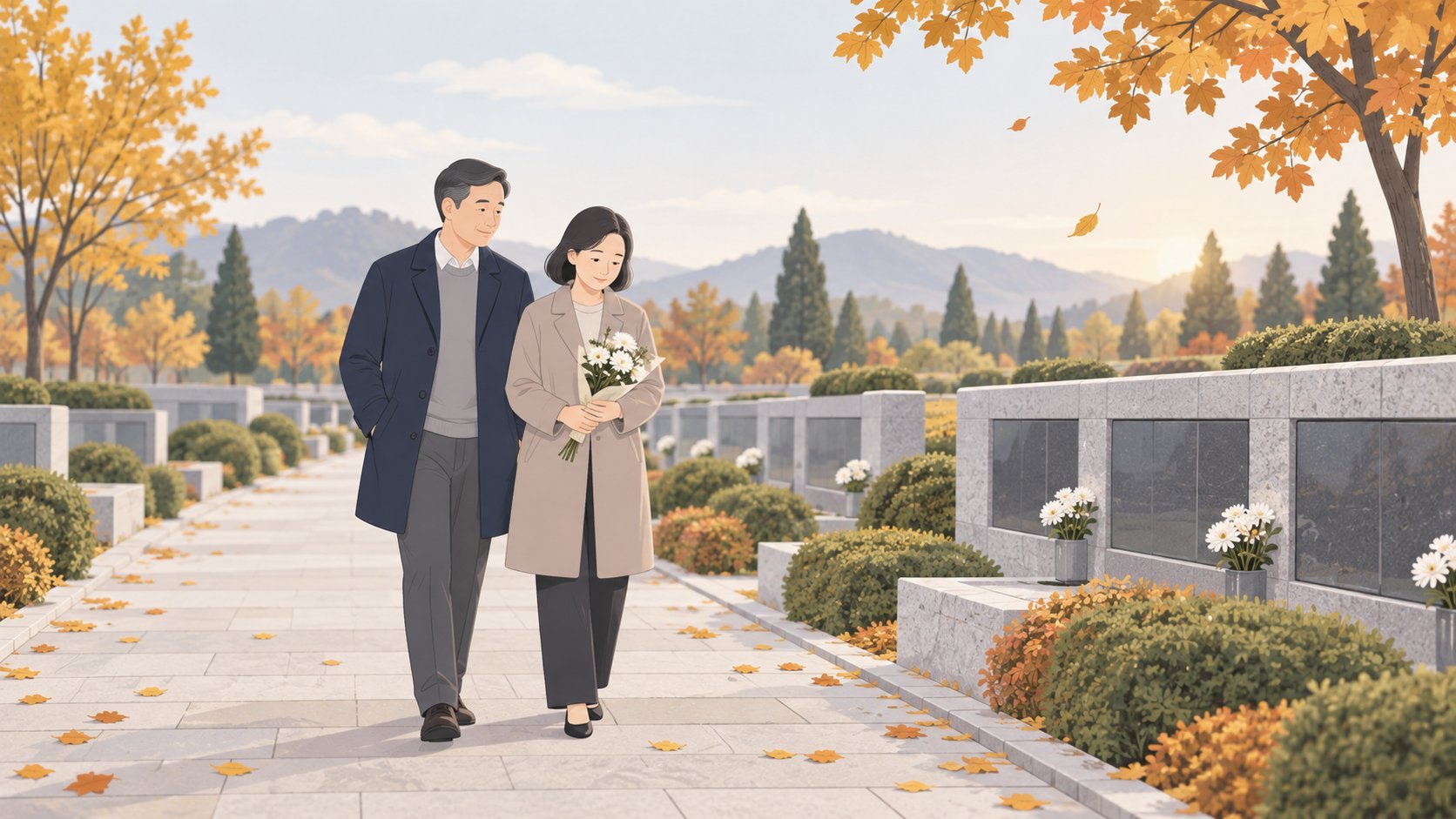 가을 추모공원 산책로를 따라 낮은 봉안담이 늘어선 길을 부부가 꽃을 들고 걷는 모습