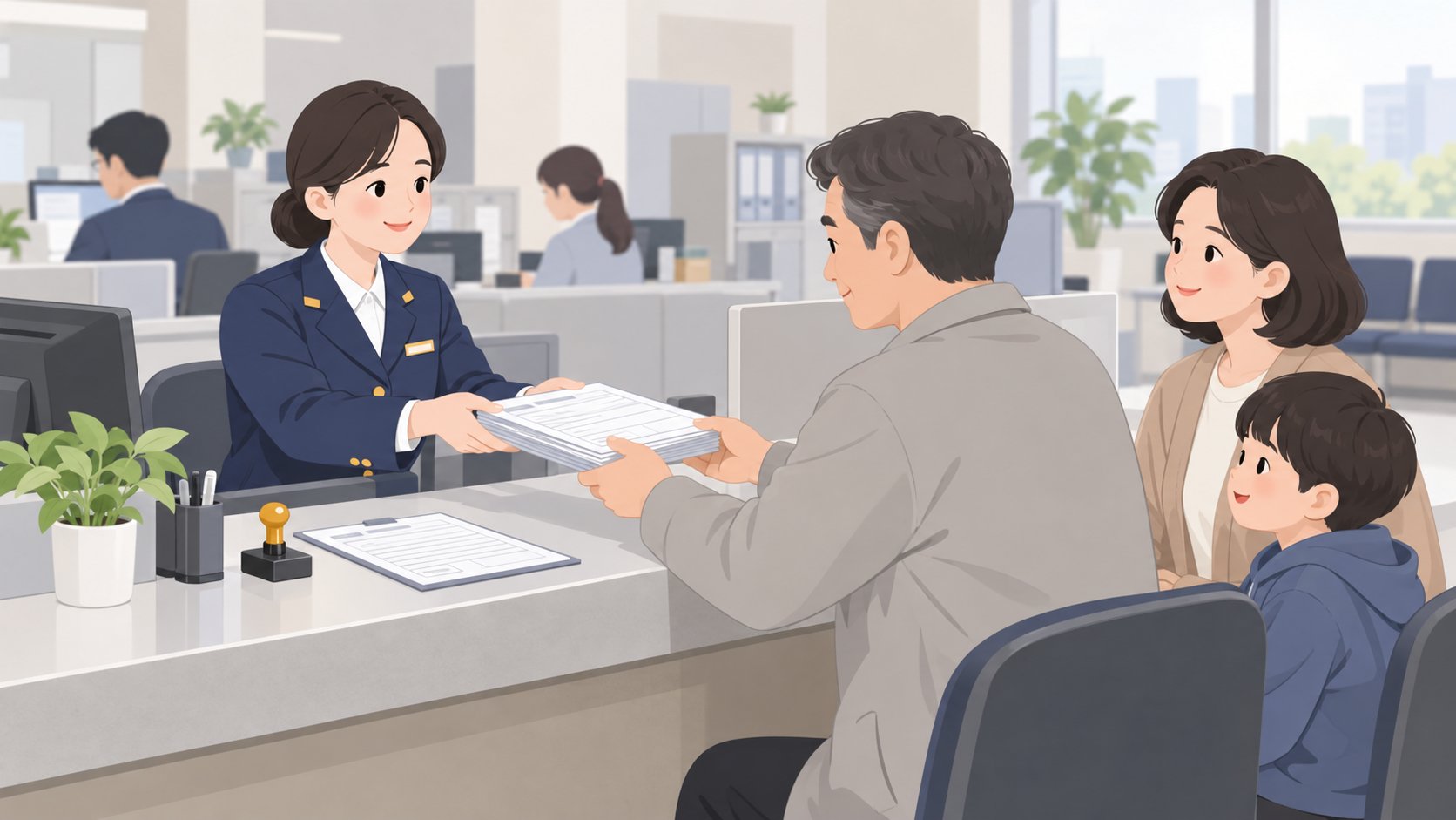 관공서 민원 창구에서 직원이 중년 남성에게 신고 서류를 건네는 모습