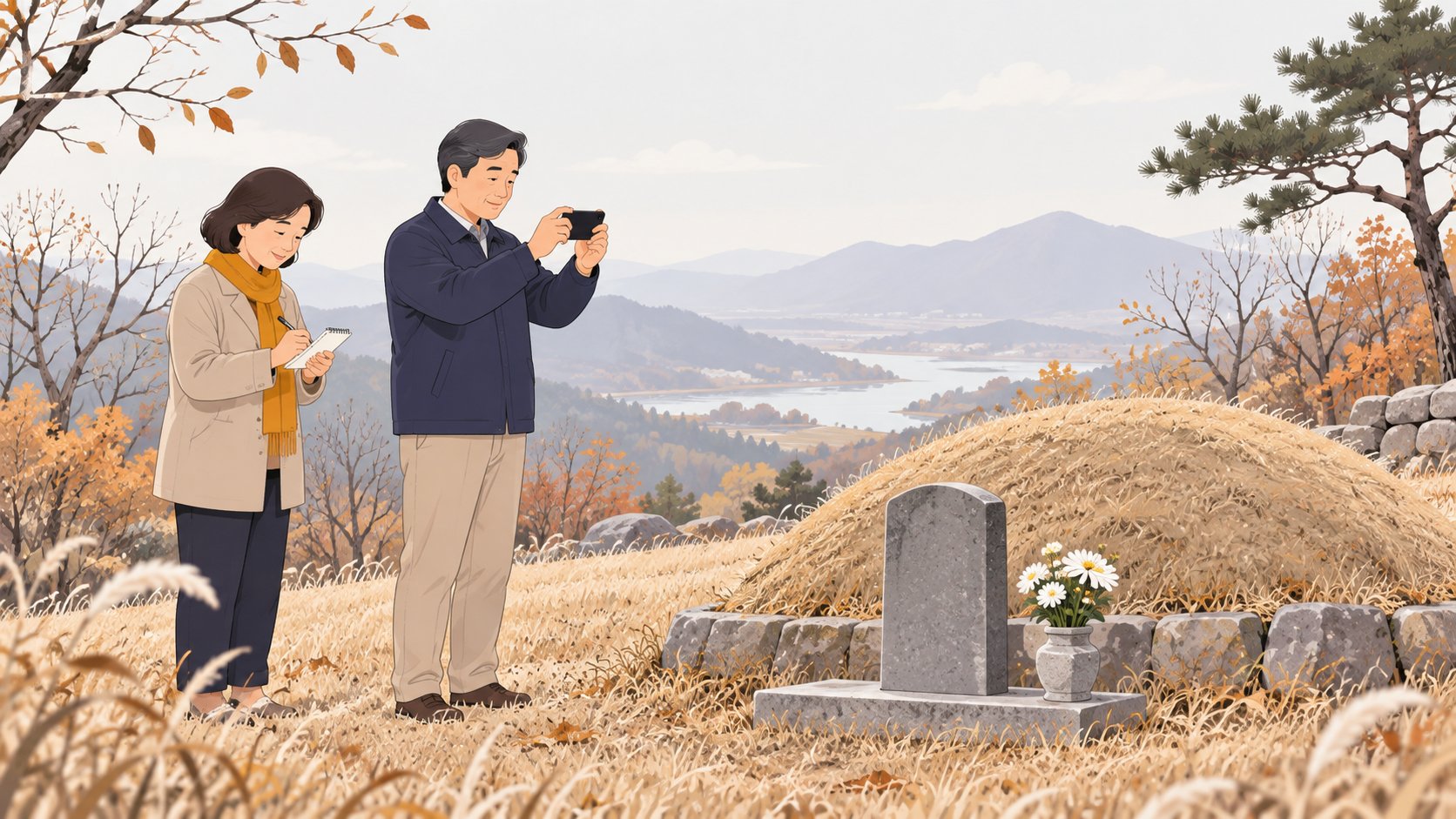 가을 묘역에서 남성은 봉분을 휴대폰으로 촬영하고 여성은 수첩에 기록하는 모습