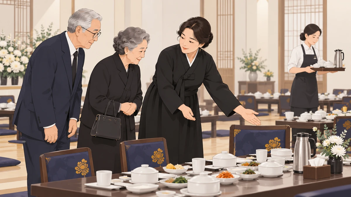 검은 상복 차림의 며느리가 접객실에서 노년 손님에게 자리를 안내하는 모습