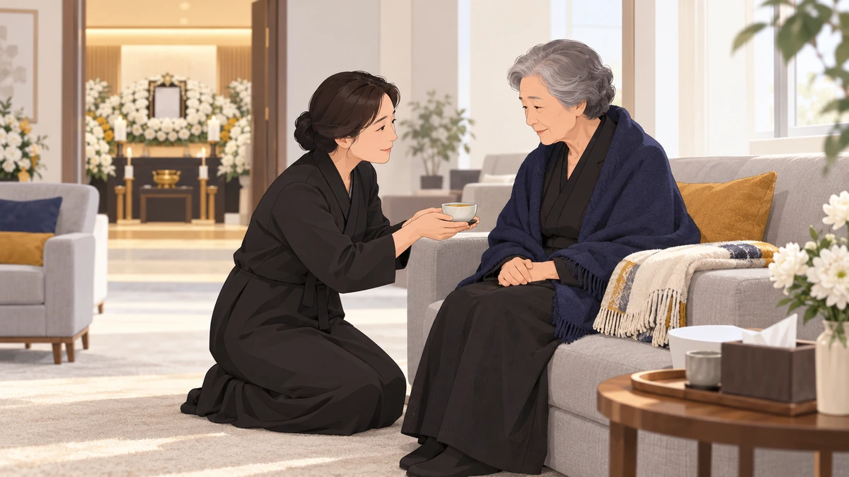 빈소 옆 가족 휴게실에서 며느리가 소파에 앉은 시어머니께 따뜻한 차를 두 손으로 건네는 모습