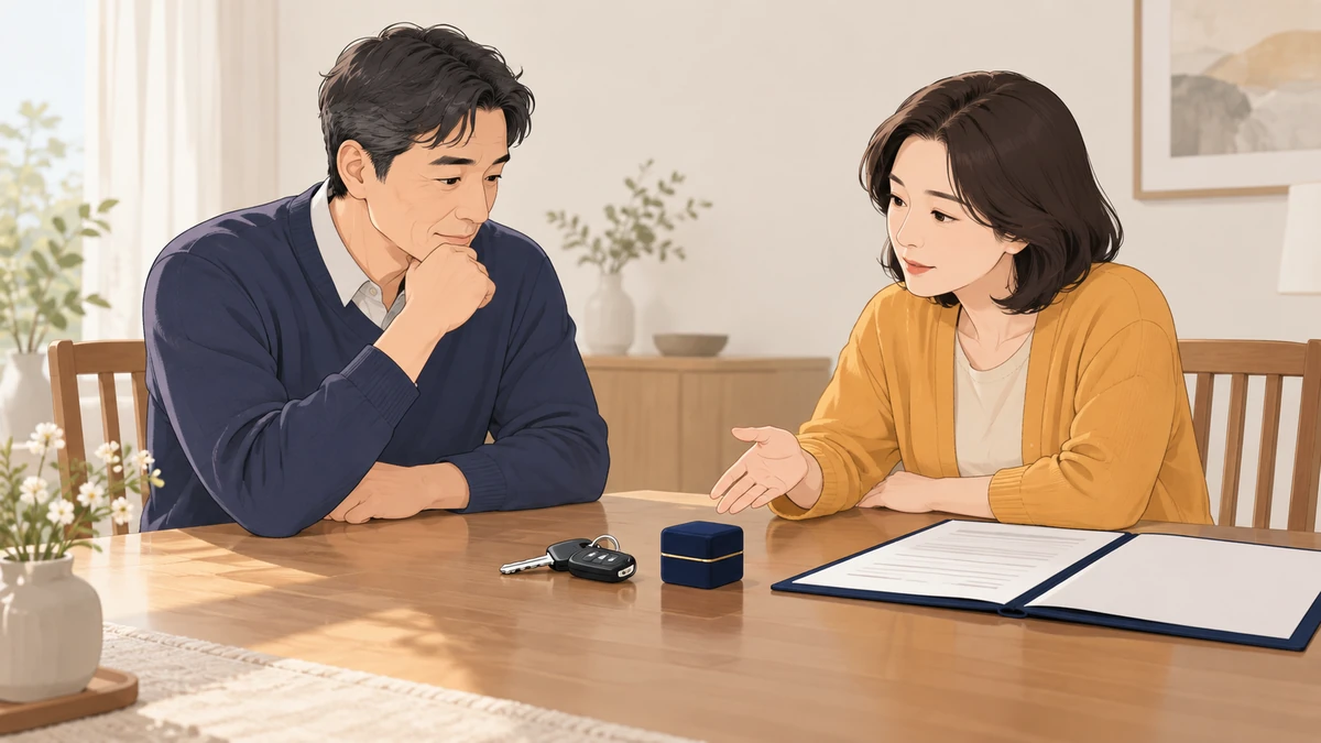중년 형제 둘이 탁자 가운데 자동차 열쇠와 작은 반지 상자를 놓고 서류철을 펼친 채 의논하는 모습