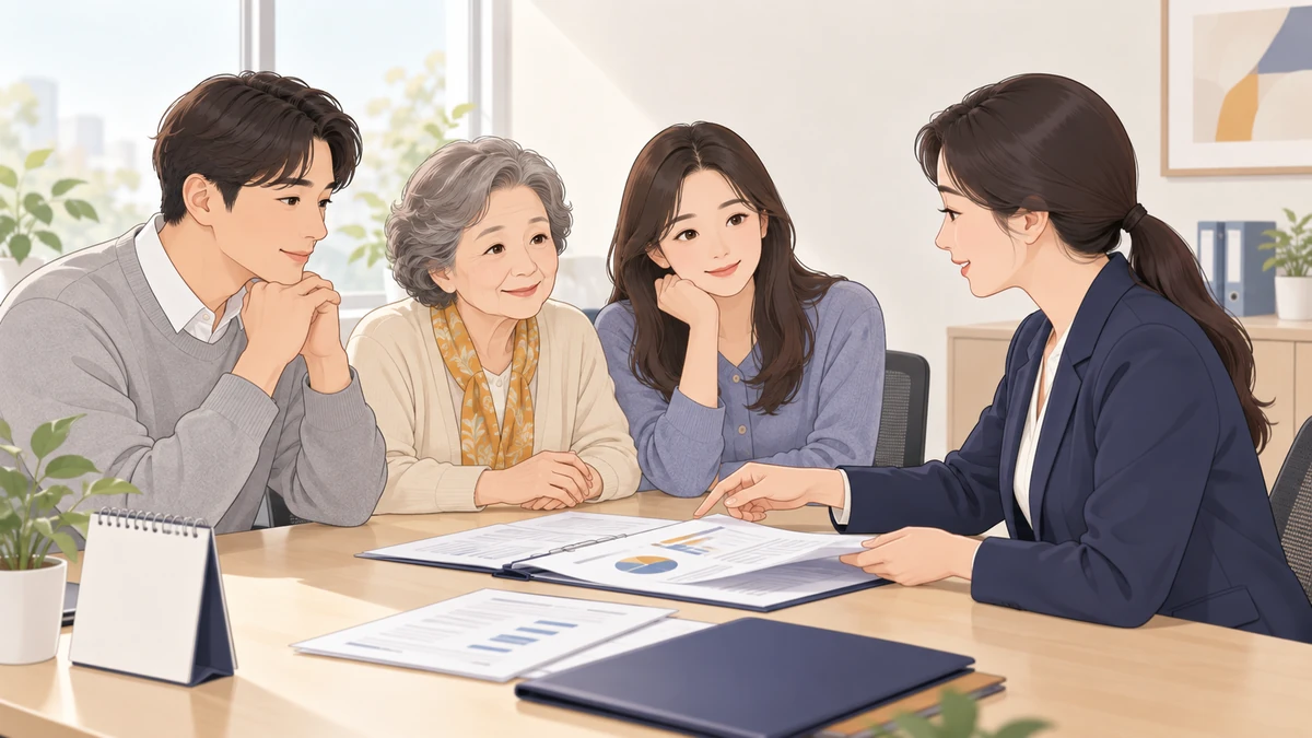 상담실에서 가족 셋이 상담사와 마주 앉아 서류와 달력을 보며 이야기하는 모습