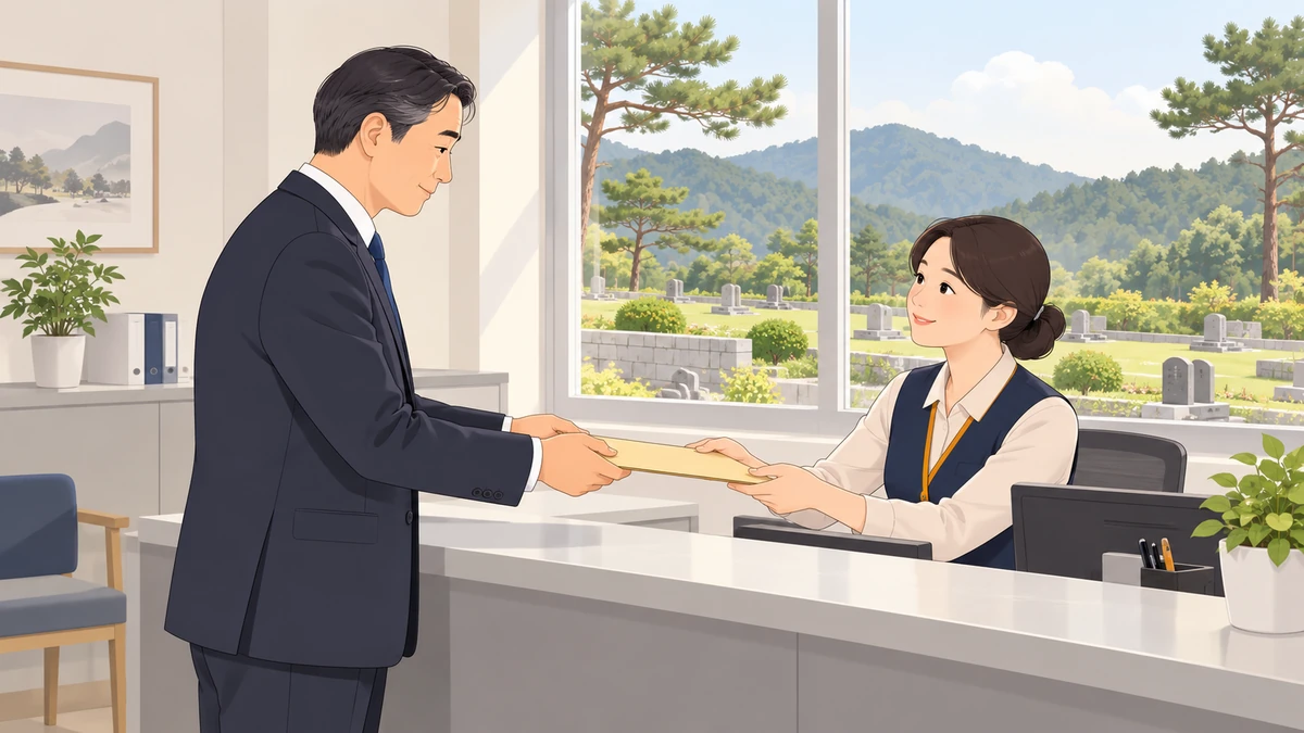 공원묘지 관리사무소 창구에서 검은 정장의 상주가 직원에게 서류 봉투를 건네는 모습