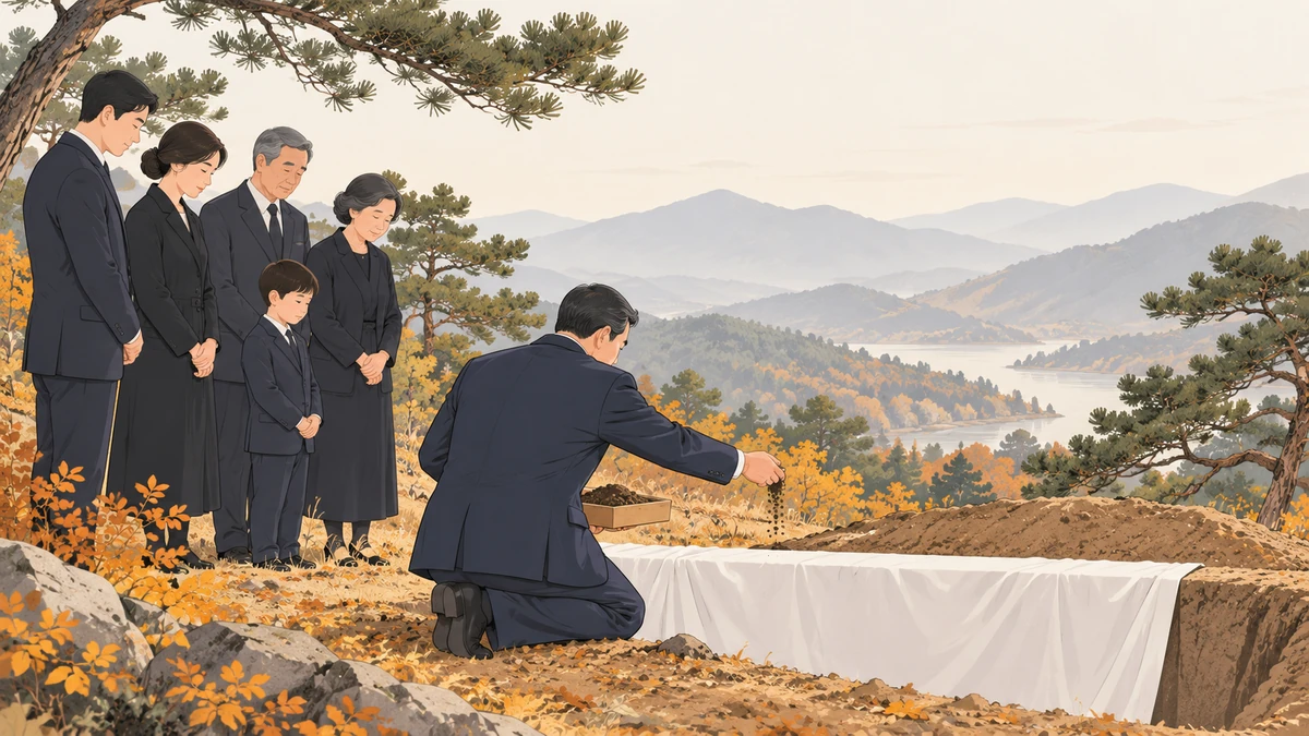 검은 정장의 상주가 뒷모습으로 무릎을 꿇고 작은 나무 그릇에서 흙을 한 줌 내려놓는 모습, 뒤에는 가족이 조용히 서 있는 가을 묘역