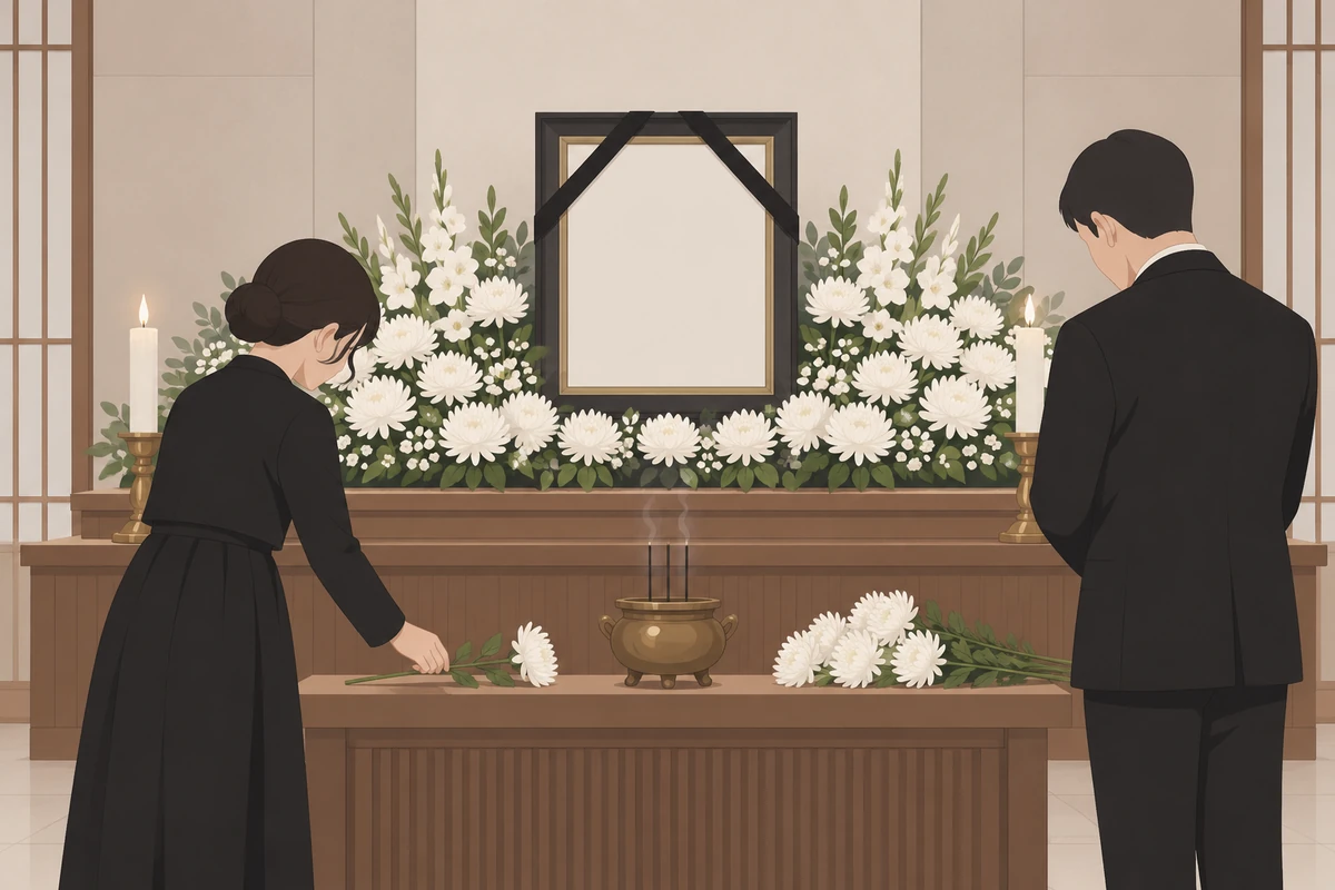 흰 꽃으로 꾸민 빈소 제단 앞에서 한 사람은 국화를 올리고 다른 사람은 고개 숙여 묵념하는 모습