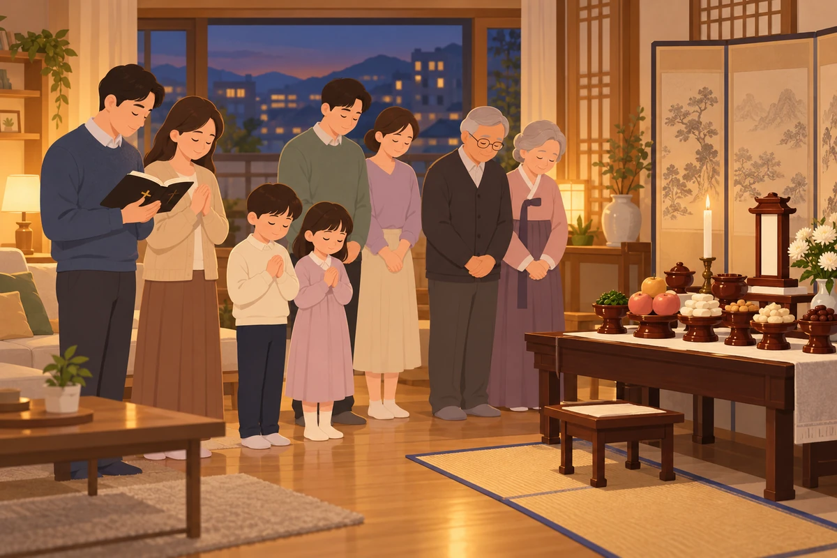 저녁 거실에서 성경을 든 가족과 제사상 앞에 선 가족이 한자리에서 함께 고개 숙여 고인을 기리는 모습
