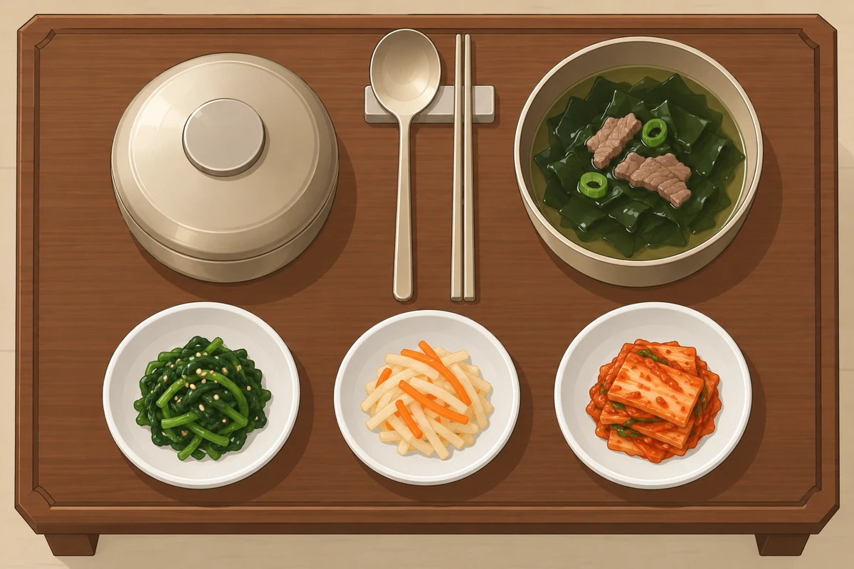 위에서 본 상식 상, 왼쪽에 뚜껑 덮인 밥그릇, 오른쪽에 국그릇, 가운데 수저, 앞줄에 나물과 김치 반찬 세 접시