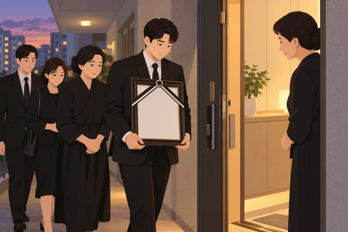 저녁 아파트 복도에서 검은 정장의 상주가 영정 액자를 두 손으로 안고 가족과 함께 현관으로 들어서고, 집에 있던 가족이 문 앞에서 맞이하는 모습