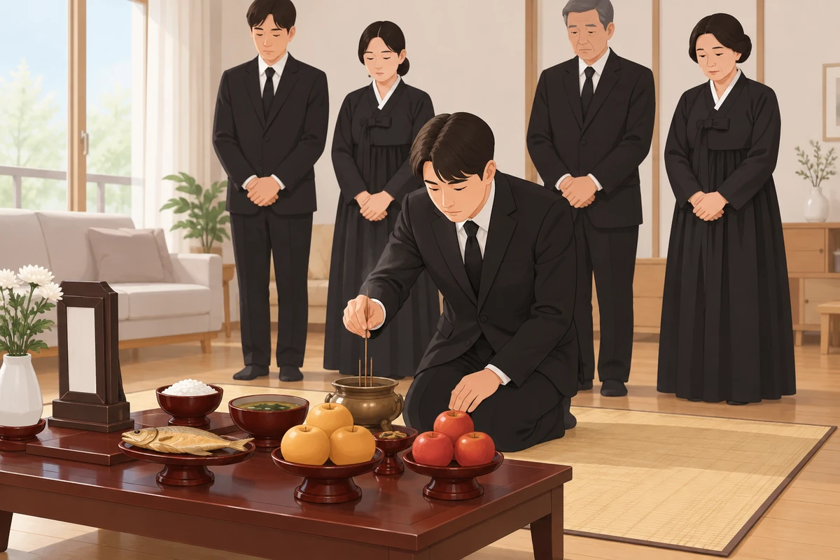 거실 작은 상에 밥과 국, 과일, 생선포가 소박하게 차려져 있고 상주가 무릎 꿇고 향을 피우며 가족이 뒤에 서 있는 모습