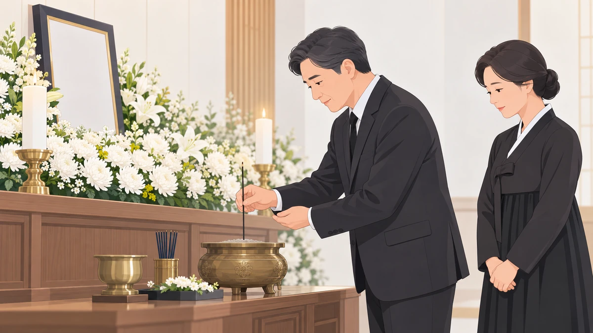 빈소 제단 앞에서 중년 남성이 오른손으로 향을 들고 왼손으로 받쳐 향로에 꽂고, 곁에서 아내가 두 손을 모으고 서 있는 모습