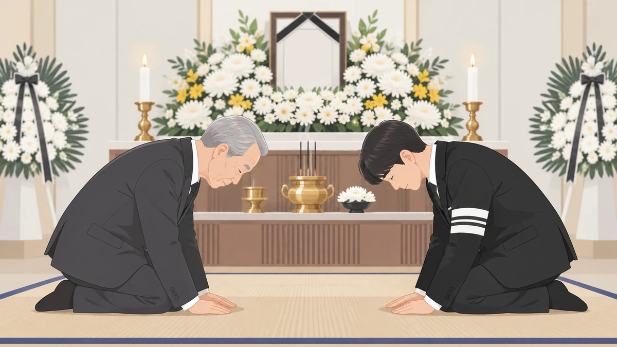 국화로 꾸민 제단 앞 돗자리에서 머리가 희끗한 어른과 완장을 찬 젊은 상주가 마주 보고 무릎 꿇어 맞절하는 모습
