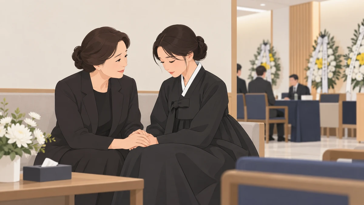 장례식장 접객실 소파에서 검은 정장의 어머니가 검은 상복 한복을 입은 딸의 두 손을 감싸 쥐고 다독이는 모습