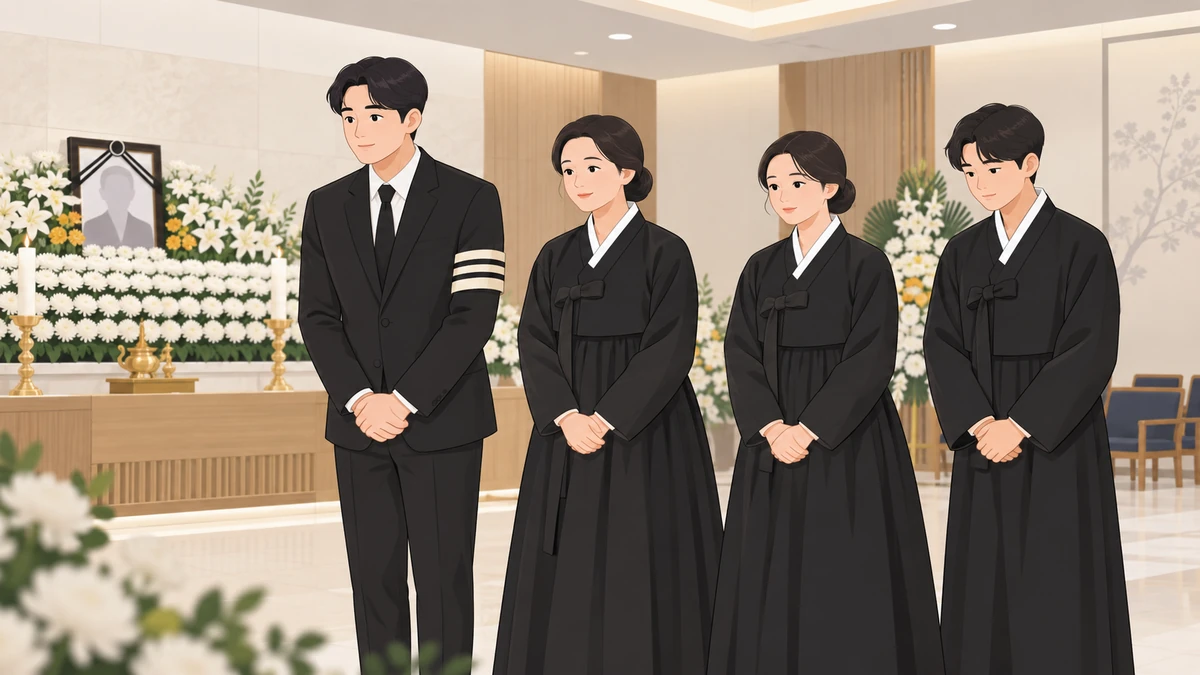 장례식장 빈소에서 검은 정장에 완장을 찬 상주와 검은 상복 한복을 입은 가족 셋이 두 손을 모으고 나란히 서서 조문객을 맞는 모습