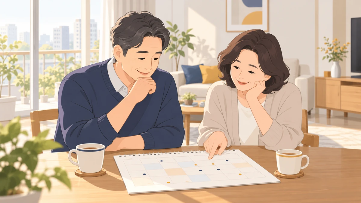 햇살 드는 아파트 거실 식탁에서 중년 부부가 탁자에 펼친 달력을 함께 보며 날짜를 짚어 보는 모습
