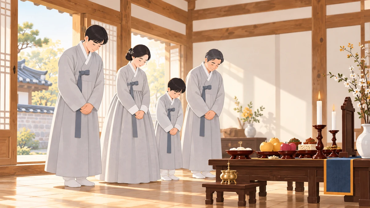 햇살 드는 한옥 대청에서 옅은 회색 한복을 입은 가족 넷이 과일과 떡을 올린 작은 제사상 앞에 나란히 서서 고개 숙인 모습