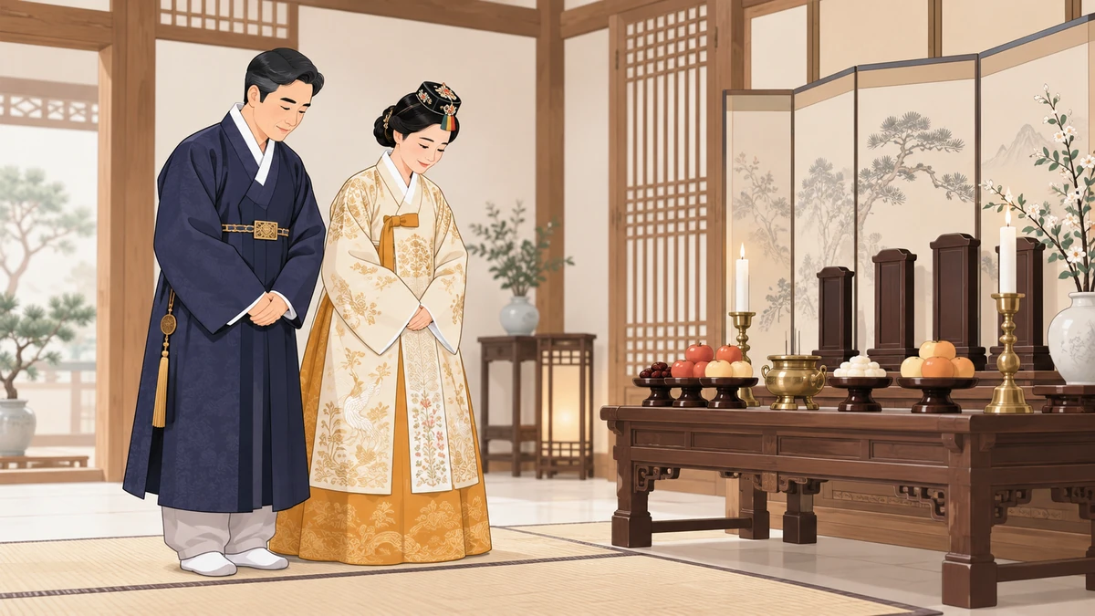 사당 안 신주를 모신 제사상 앞에서 남색 두루마기를 입은 남성과 원삼에 족두리를 갖춘 여성이 나란히 서서 절을 준비하는 모습