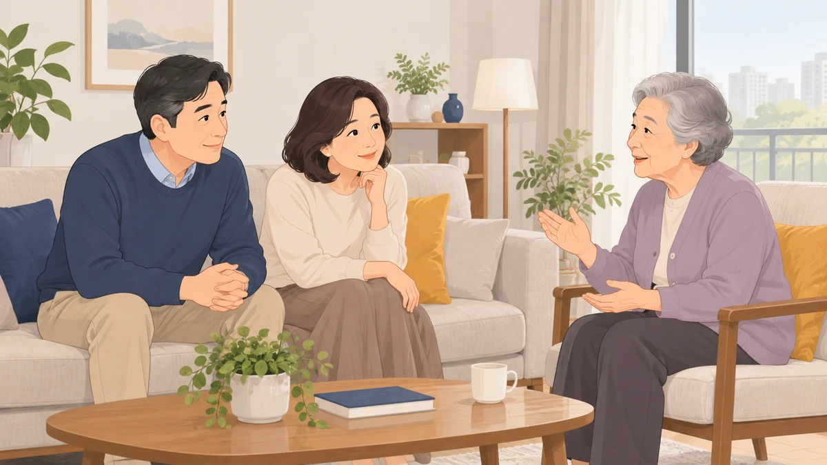 아파트 거실 소파에 앉은 중년 남매가 맞은편 의자에 앉은 백발의 집안 어른이 들려주는 이야기를 귀 기울여 듣는 모습