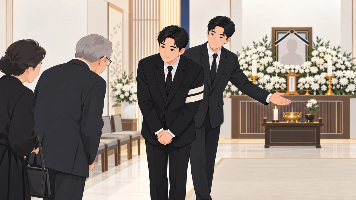 빈소에서 검은 정장의 조카가 사촌 상주 한 걸음 뒤에 서서 들어오는 어르신 문상객을 손짓으로 안내하는 모습