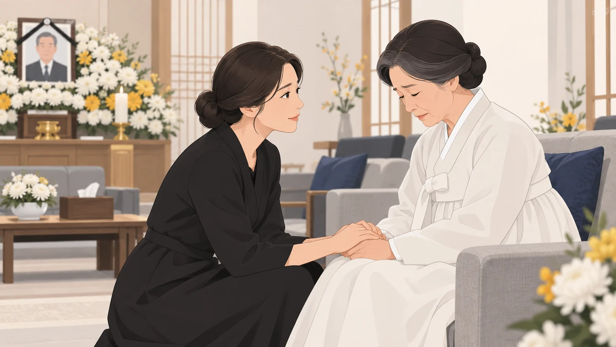 장례식장 가족실에서 검은 옷의 30대 여성이 흰 한복 상복을 입은 작은어머니의 두 손을 잡고 위로하는 모습