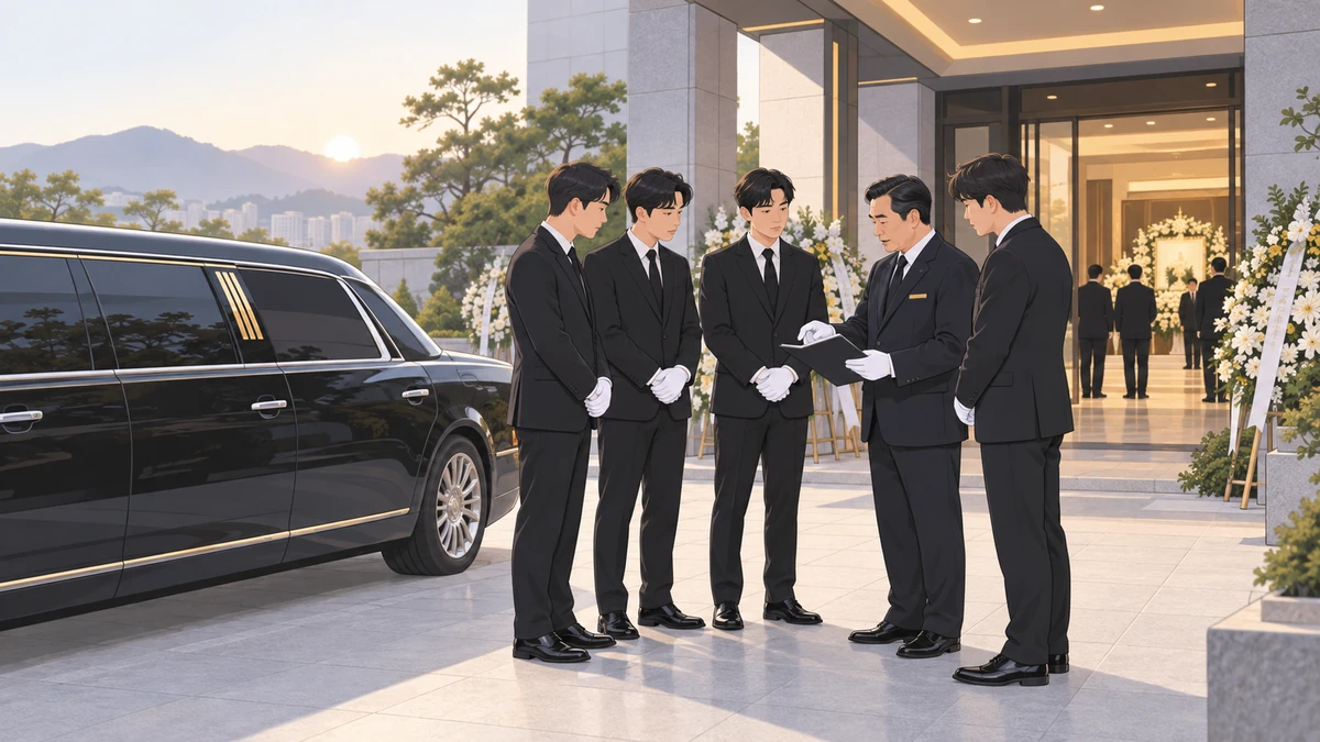 이른 아침 장례식장 입구 앞 운구차 옆에서 흰 장갑을 낀 검은 정장의 조카들이 장례지도사와 발인 순서를 확인하는 모습