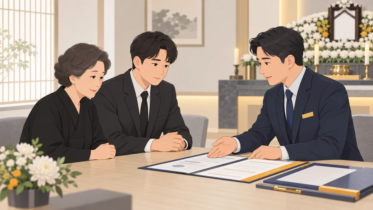 장례식장 상담실 탁자에서 검은 상복을 입은 60대 여성과 검은 정장의 아들이 나란히 앉아 장례지도사가 펼친 서류 설명을 듣는 모습