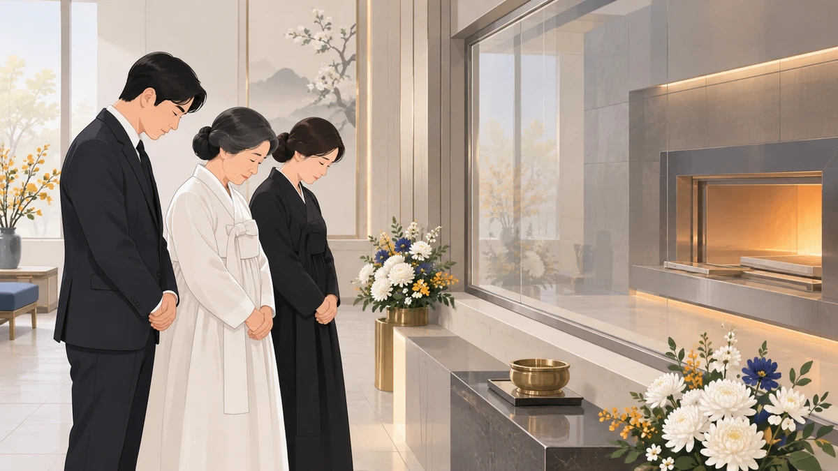 화장장 참관실 유리창 앞에서 흰 상복의 60대 여성과 검은 옷의 아들과 딸이 나란히 서서 고개를 숙이고 마지막 인사를 하는 모습
