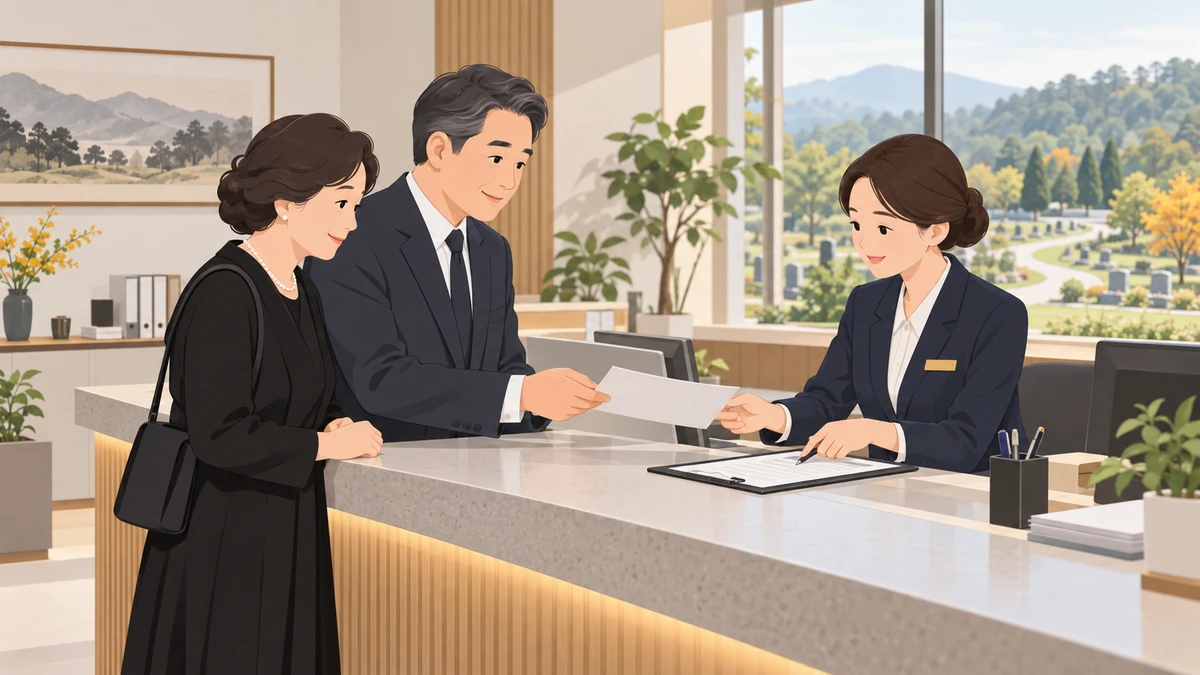 자연장지 관리사무소 창구에서 검은 옷의 중년 남매가 직원에게 서류를 건네고 직원이 신청서를 가리키며 안내하는 모습