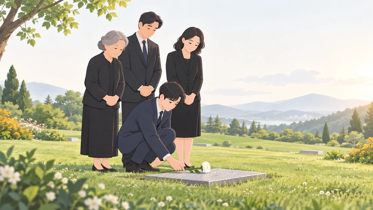 잔디밭 자연장지에서 검은 옷을 입은 가족 네 명 가운데 한 명이 무릎을 굽혀 평평한 표지석 위에 흰 꽃 한 송이를 놓고 나머지가 고개 숙여 묵념하는 모습