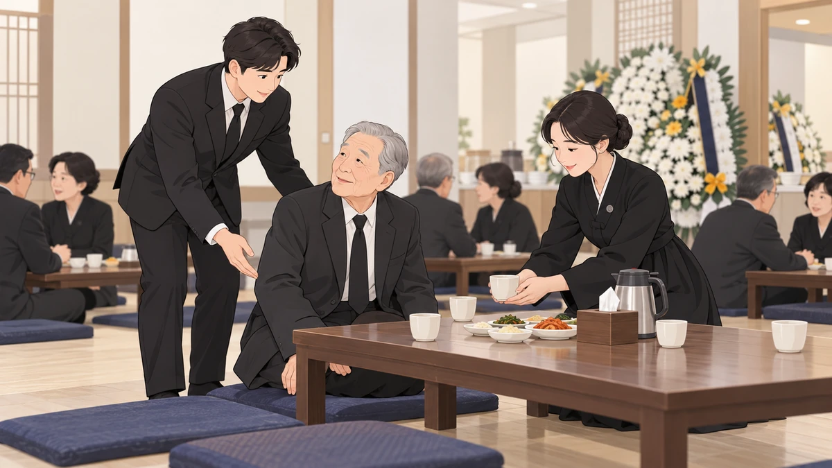 장례식장 접객실에서 검은 정장의 청년이 어르신 조문객을 자리로 안내하고 검은 옷의 젊은 여성이 찻잔을 건네는 모습