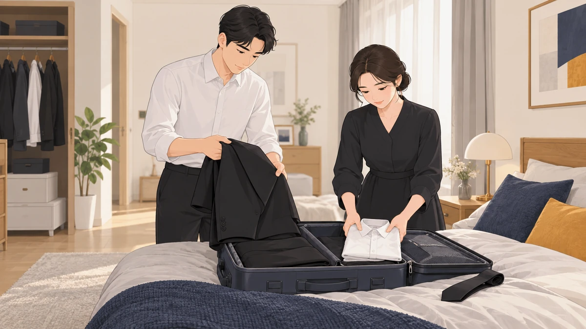침실에서 젊은 부부가 여행 가방에 검은 정장 재킷과 흰 셔츠를 넣고 침대 위에 검은 넥타이가 놓여 있는 모습
