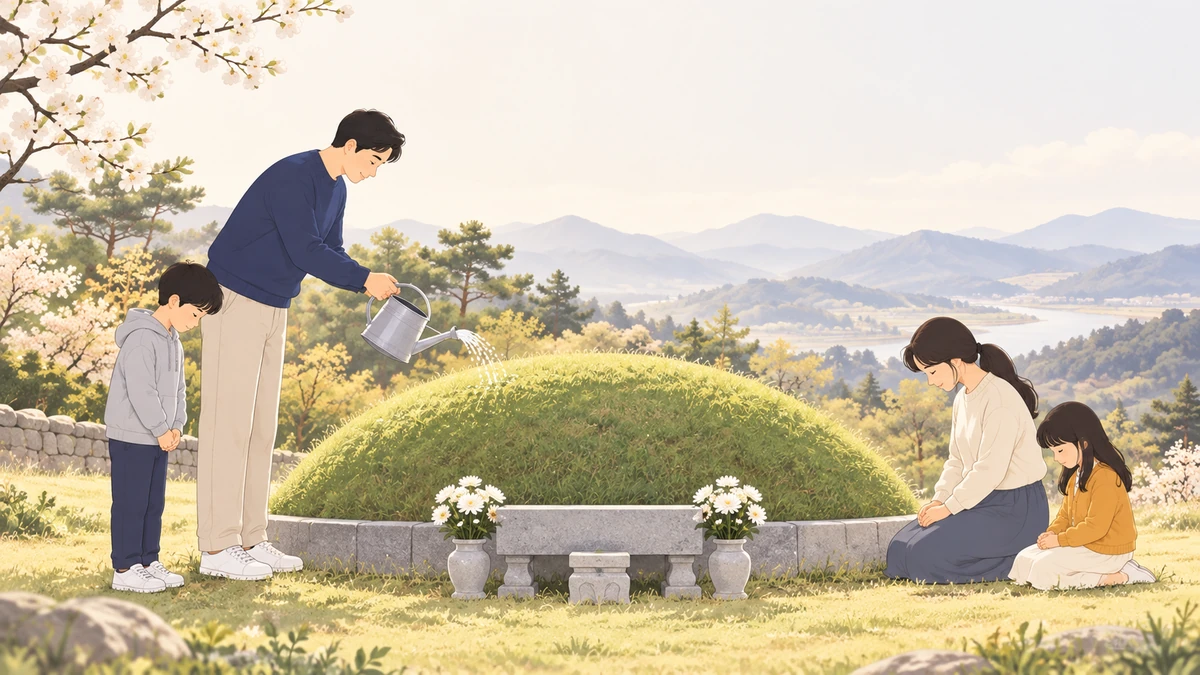 새 잔디를 입힌 봉분 앞에서 한 남성이 물뿌리개로 물을 주고 가족 세 명이 고개 숙여 묵념하는 봄날 모습