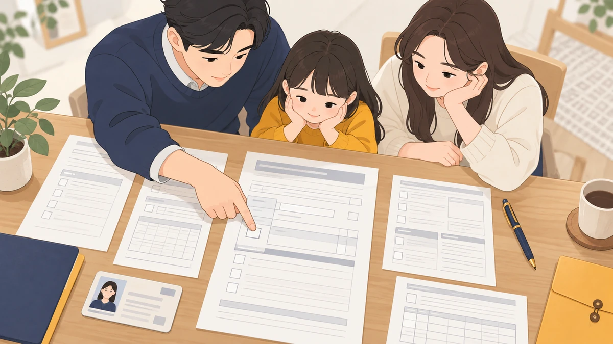 나무 책상 위에 칸이 나뉜 서류 여러 장과 신분증, 펜이 놓여 있고 가족이 둘러앉아 한 사람이 서류의 한 칸을 손가락으로 짚는 모습