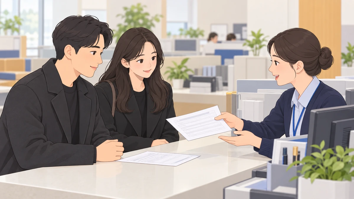 주민센터 창구에서 직원이 검은 옷을 입은 성인 남매에게 두 번째 신청서를 건네며 설명하는 모습