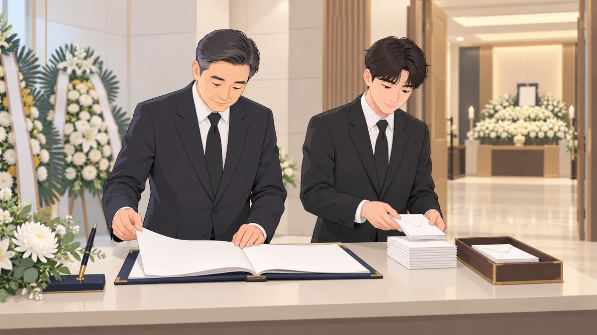 빈소 입구 접수대에서 중년 남성 친척이 부의록을 정리하고 옆에서 젊은 조카가 봉투를 가지런히 모으는 모습