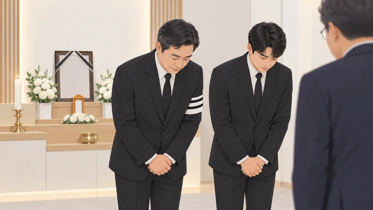 빈소 영좌 옆에 검은 양복을 입은 중년 상주와 동생이 나란히 서서 들어오는 조문객에게 차분히 고개 숙여 인사하는 모습